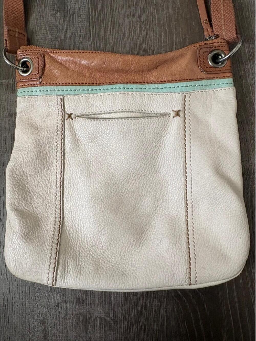 The Sak Vintage “Kendra” Tan Taupe Brown Trim Leather Crossbody Purse Bag Boho - Picture 5 of 9